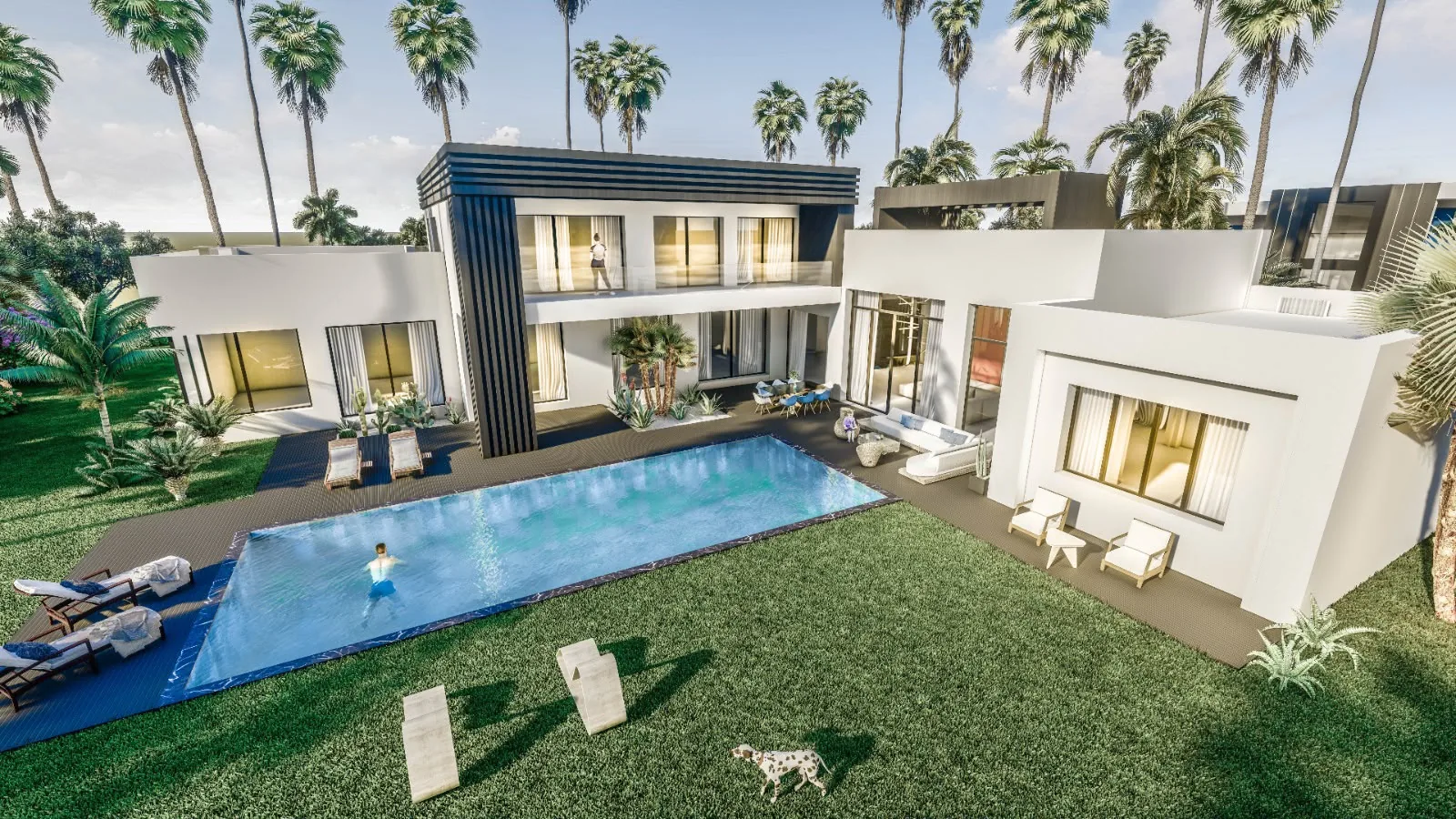 High view of a two-storey villa with its pool and lawn