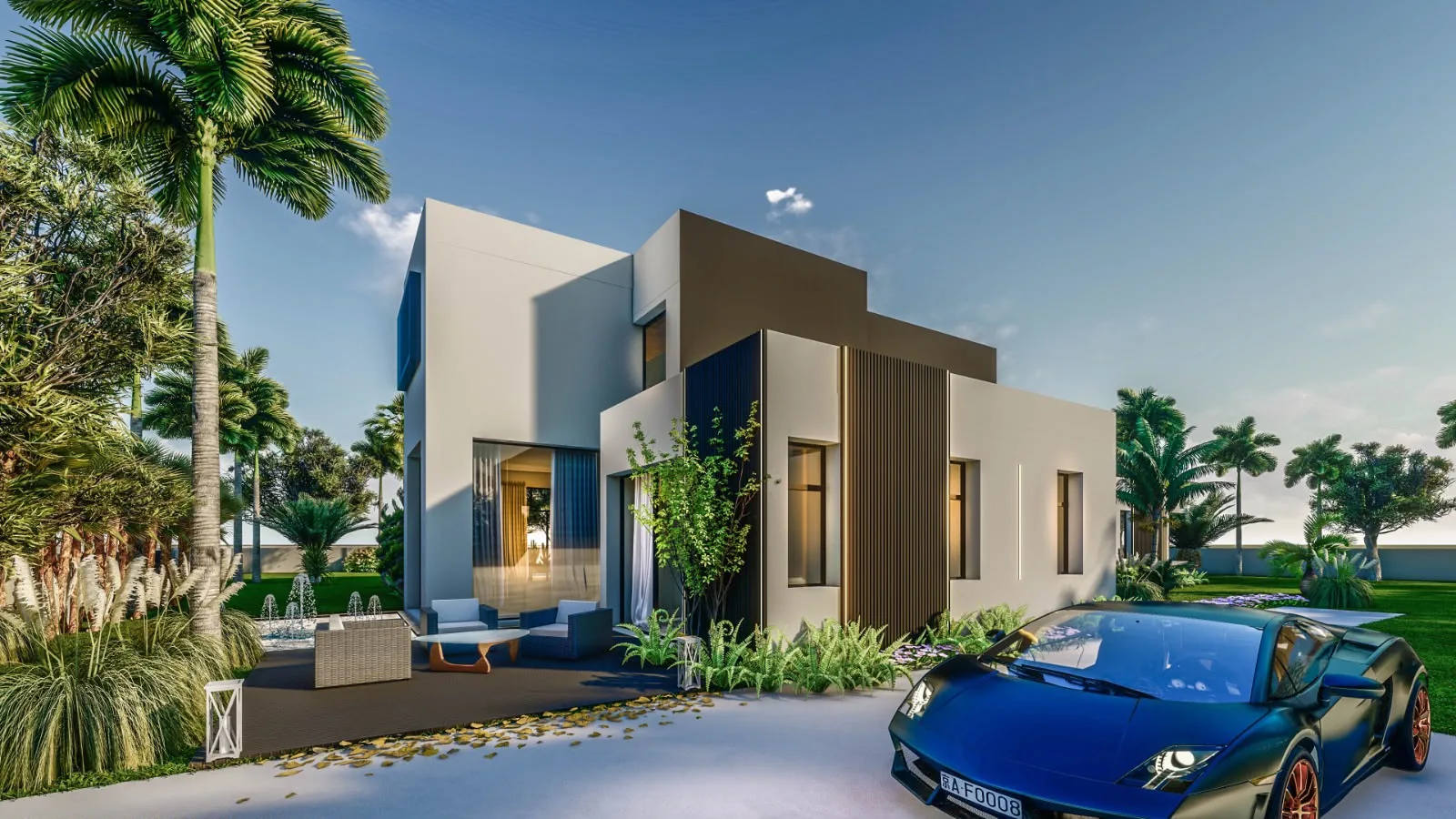 Two-storey villa seen from the garden, covered terrace and parked car
