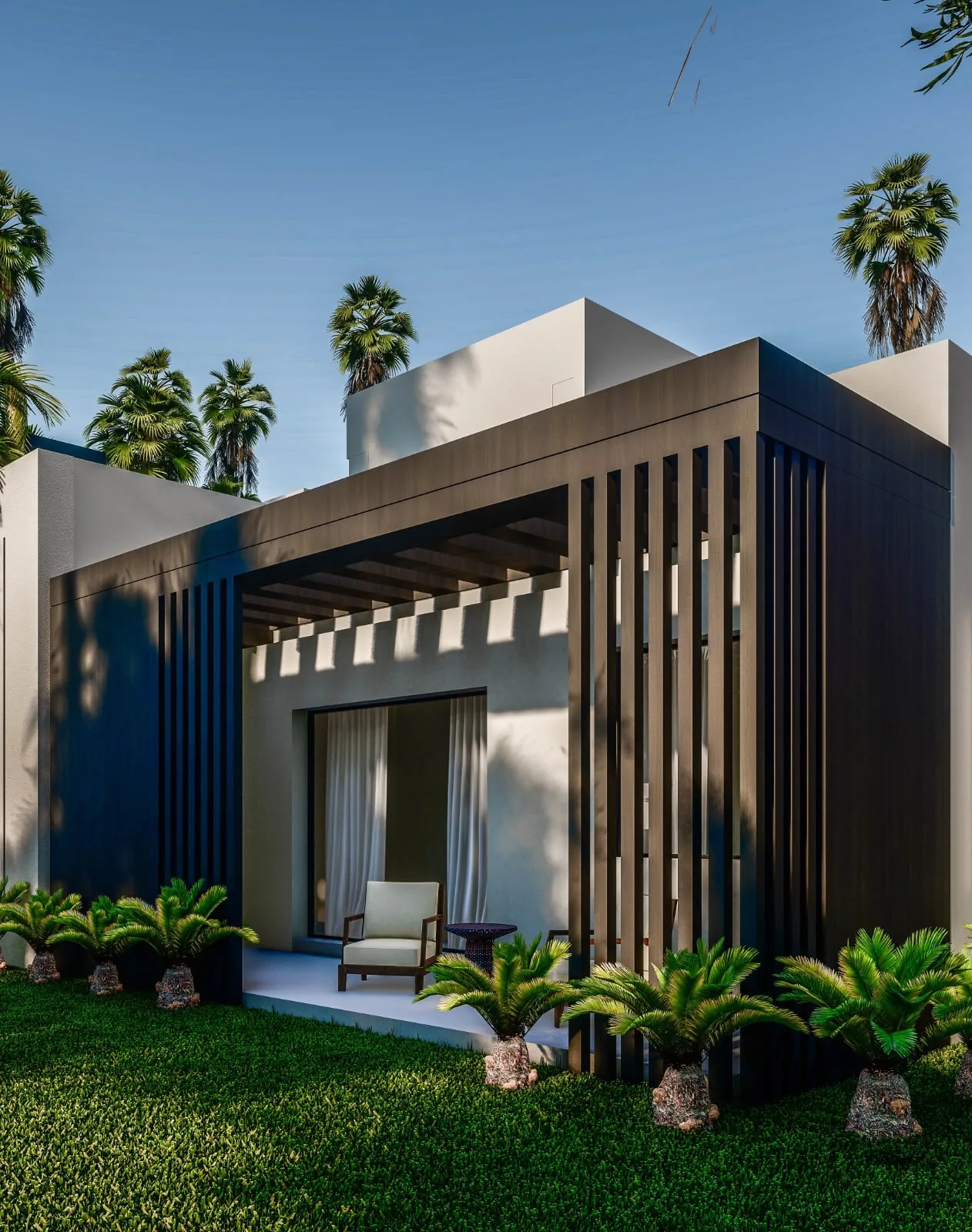 Dark slatted pergola over a furnished terrace