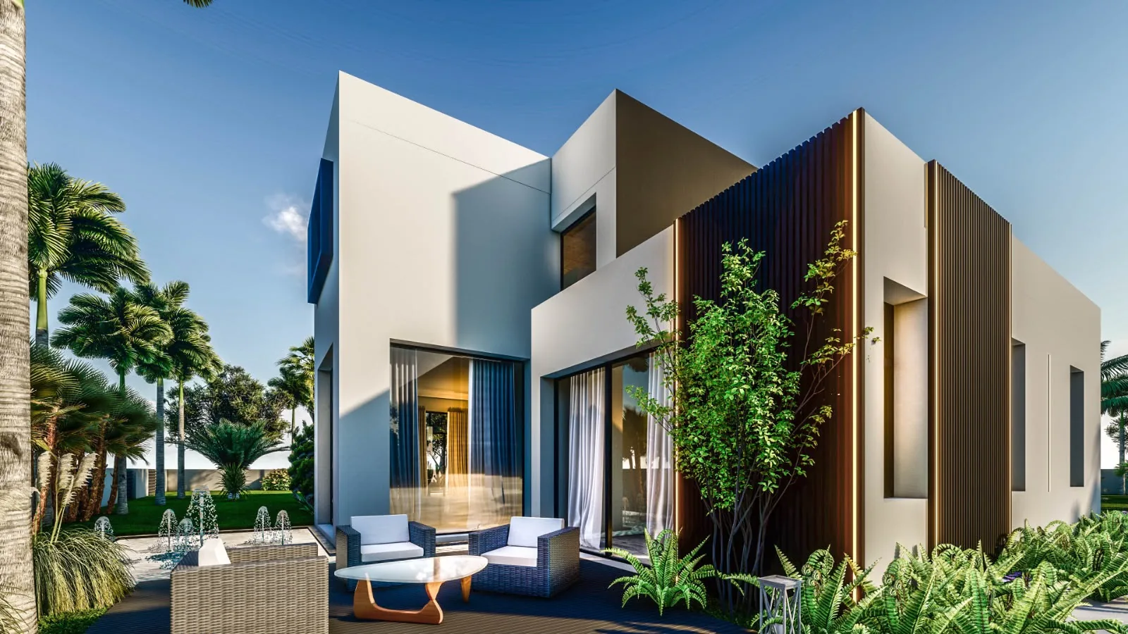 Outdoor lounge under an overhang, between white volumes and wood cladding