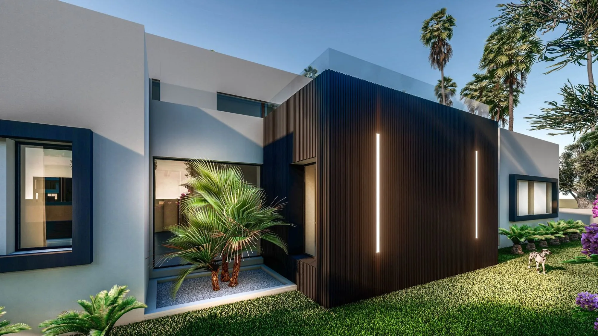 Dark volume lined with glowing slats, courtyard with a palm tree