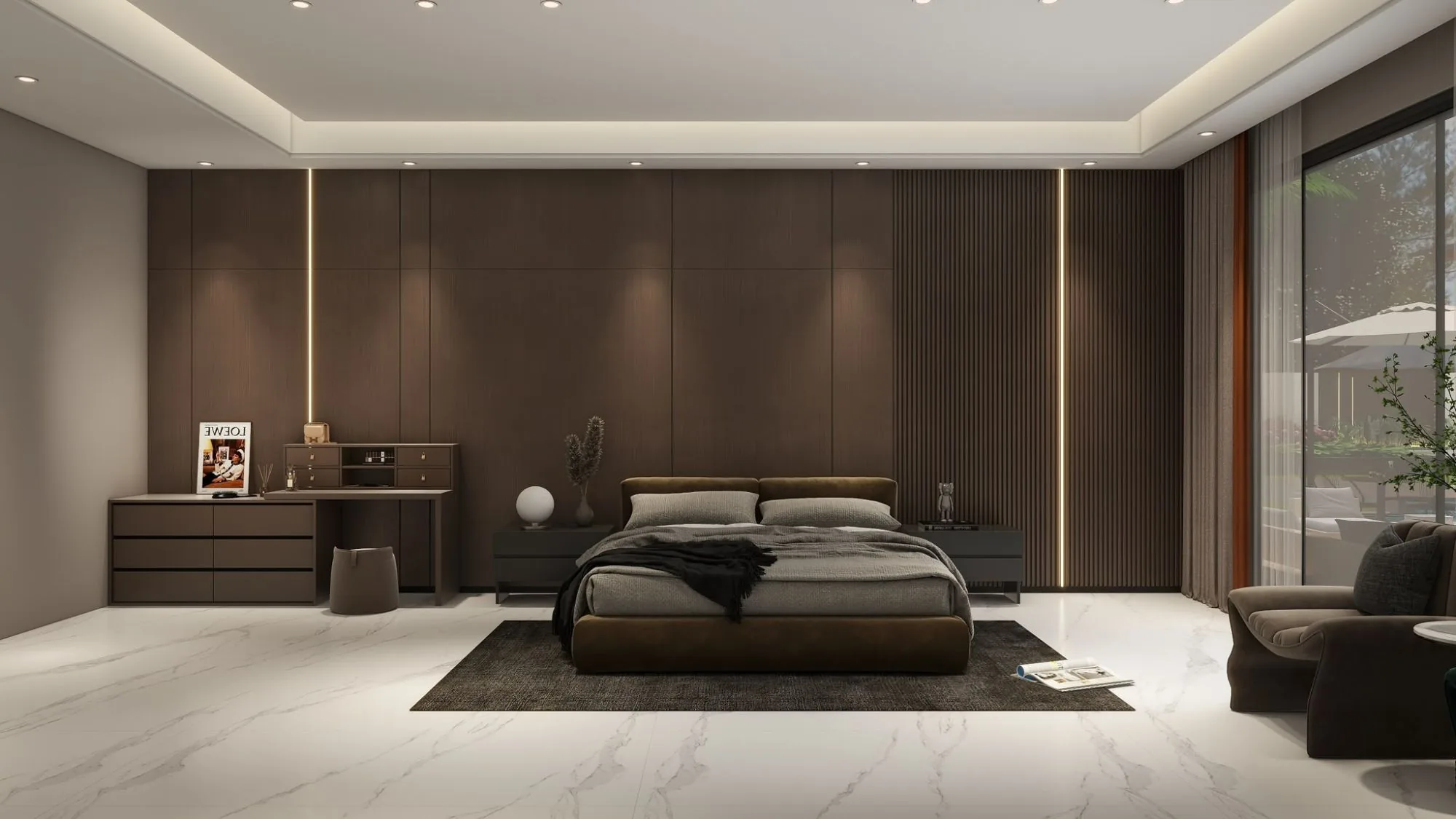 Bedroom with dark wood panelling, large bed and pale marble floor