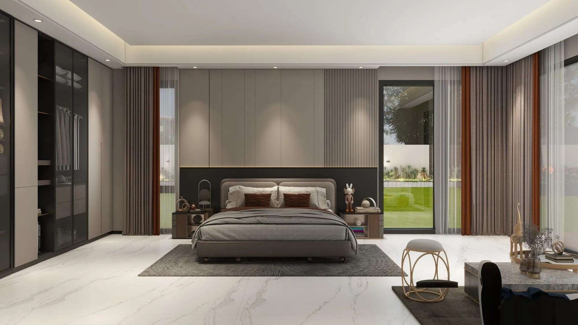 Bright bedroom, low bed and a glass wall onto the garden