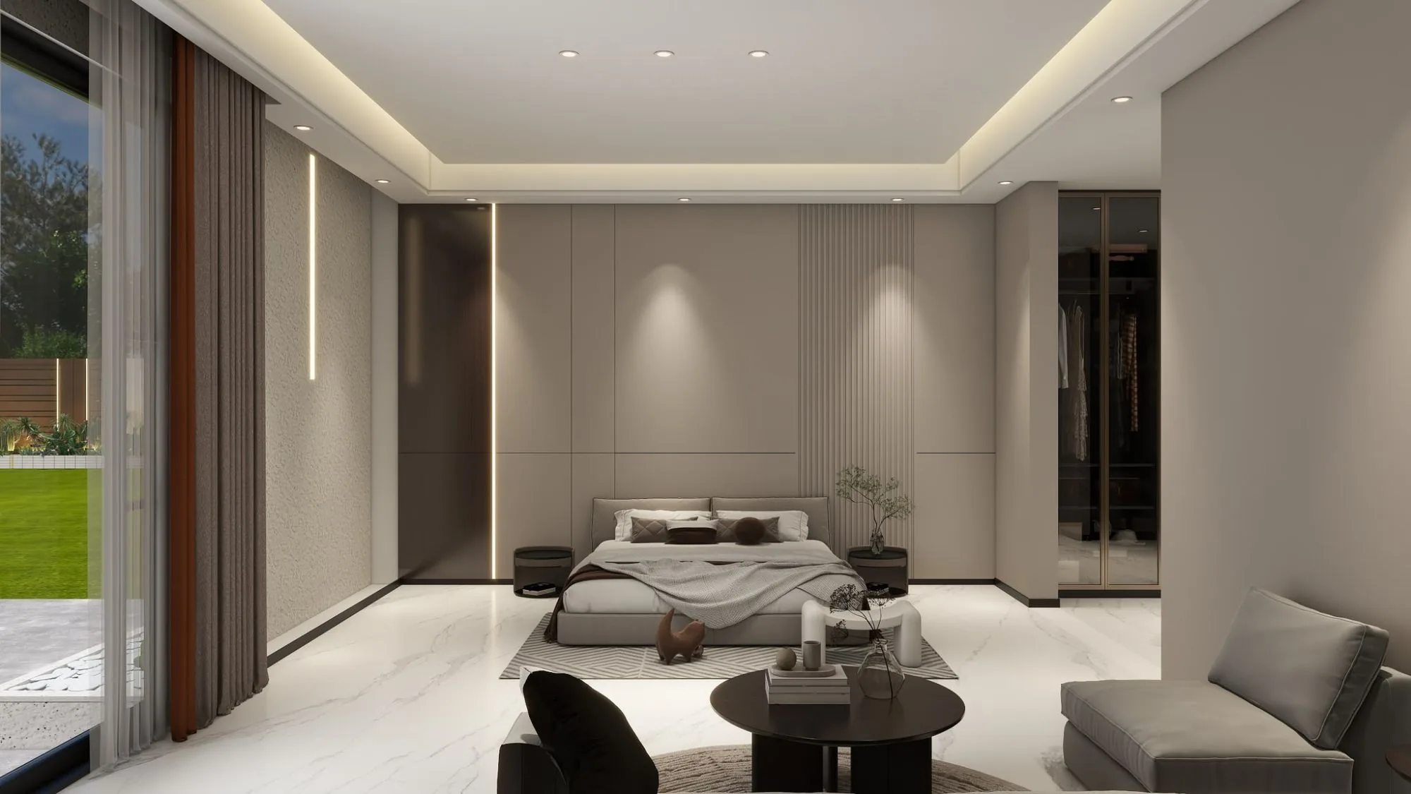 Grey-toned bedroom, bed, armchairs and dressing room